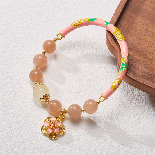 Pulsera de la riqueza con amuleto de flor de jade de seda dorada y piedra solar natural de Buda