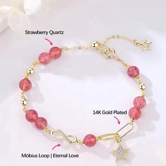 Pulsera de piedra lunar de cuarzo fresa natural con baño de oro de 14 quilates y lazo de Möbius con estrella de amor eterno y positivo de Buddha Stones 