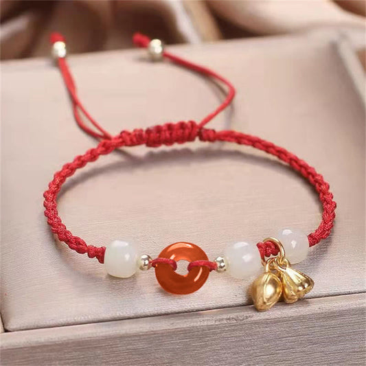 Pulsera trenzada de curación de loto de jade con hebilla de paz de ágata roja y piedras de Buda