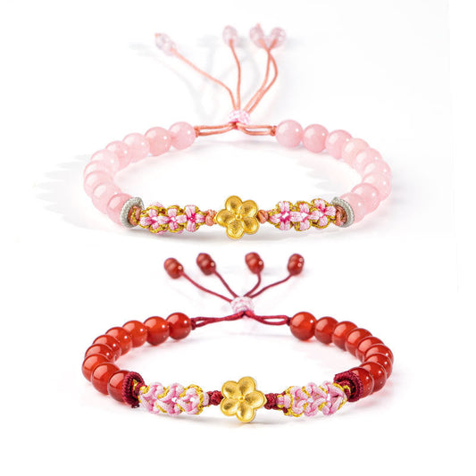 Pulsera de plata de ley 999 con piedras de Buda, ágata roja natural, cristal rosa y flor de cerezo