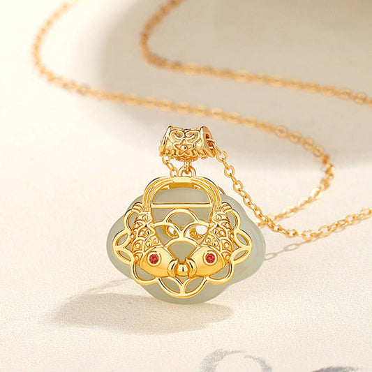 Collar con colgante de pez koi de jade hetiano natural de plata de ley 925 con piedras de Buda