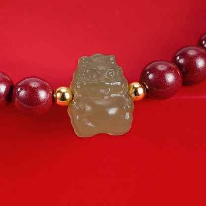 Buddha Stones 925 Sterling Silver Year of the Dragon Natural Cinnabar Hetian Jade Dragon Fu Character Ruyi As One Wishes Charm Blessing Bracelet