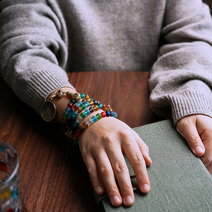 Pulsera tibetana con 108 cuentas de mala de Buda, cuentas de vidrio Liuli multicolores, zodíaco chino, nueve palacios, ocho diagramas