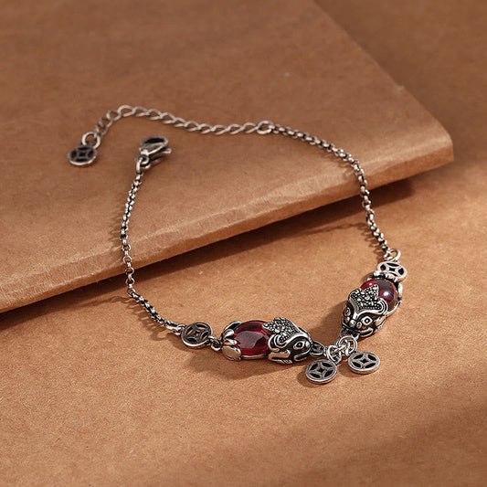 Buddha Stones Granat Doppel PiXiu Kupfer Münze Schutzkette Armband 