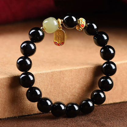 Pulsera de amuleto de la suerte con cuentas de jade hetiano de ónix negro y piedras de Buda