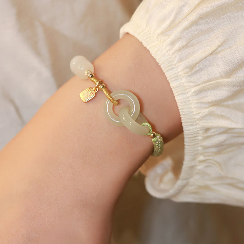 Pulsera trenzada con cuentas de jade hetiano natural de Buda y doble hebilla de paz con carácter Fu 
