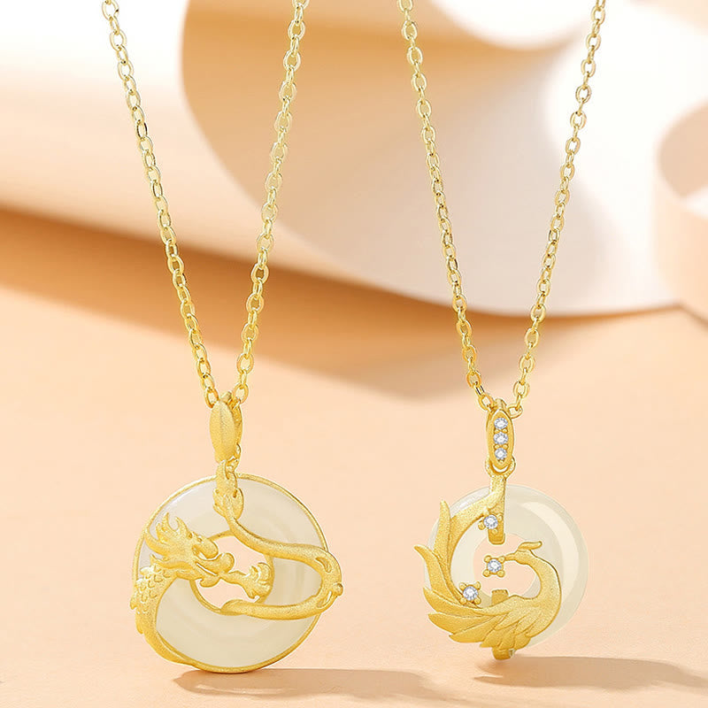 Buddha Stones 925 Sterling Silver Year of the Dragon Hetian Jade Golden Dragon Phoenix Peace Buckle Luck Necklace Pendant