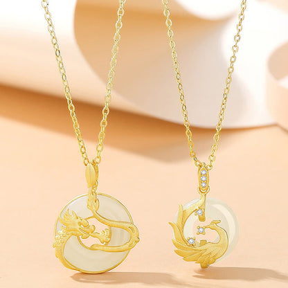 Buddha Stones 925 Sterling Silver Year of the Dragon Hetian Jade Golden Dragon Phoenix Peace Buckle Luck Necklace Pendant