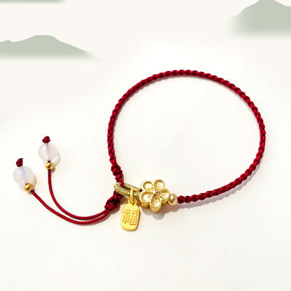 Buddha Stones Handmade Peach Blossom Rosette Bow Knot Fu Character Charm Luck Fortune Red Rope Bracelet