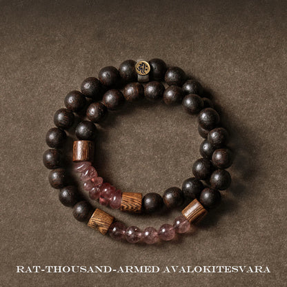 Pulsera de doble vuelta con piedras de Buda en plata de ley 925, con el zodíaco chino, Buda natal, madera de agar y cuarzo fresa.