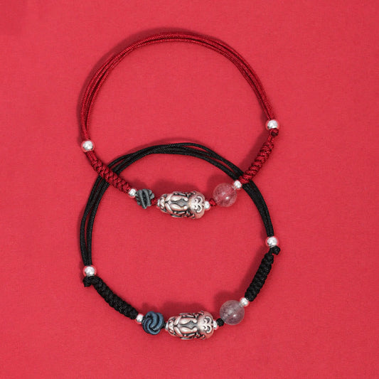 Buddha Stones 999 Sterling Silber PiXiu Erdbeerquarz Perle Reichtum Glück Geflochtenes Armband