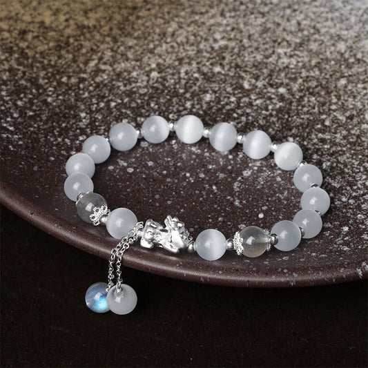Pulsera de soporte PiXiu de cuarzo fresa y piedra lunar de ojo de gato natural de Buddha Stones