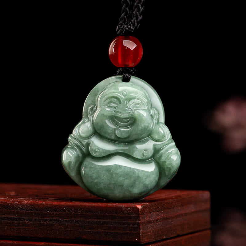 Collar con colgante de Buda sonriente de jade verde natural con piedras de Buda y la suerte de la abundancia