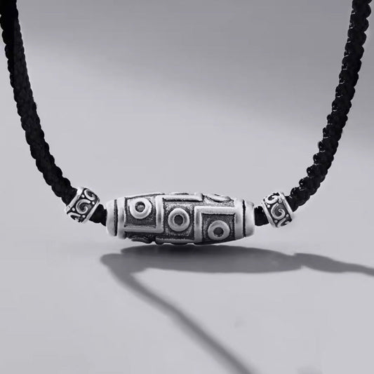 Collar con colgante de cuerda protectora con diseño de cuentas Dzi de nueve ojos en plata de ley 999 y piedras de Buda