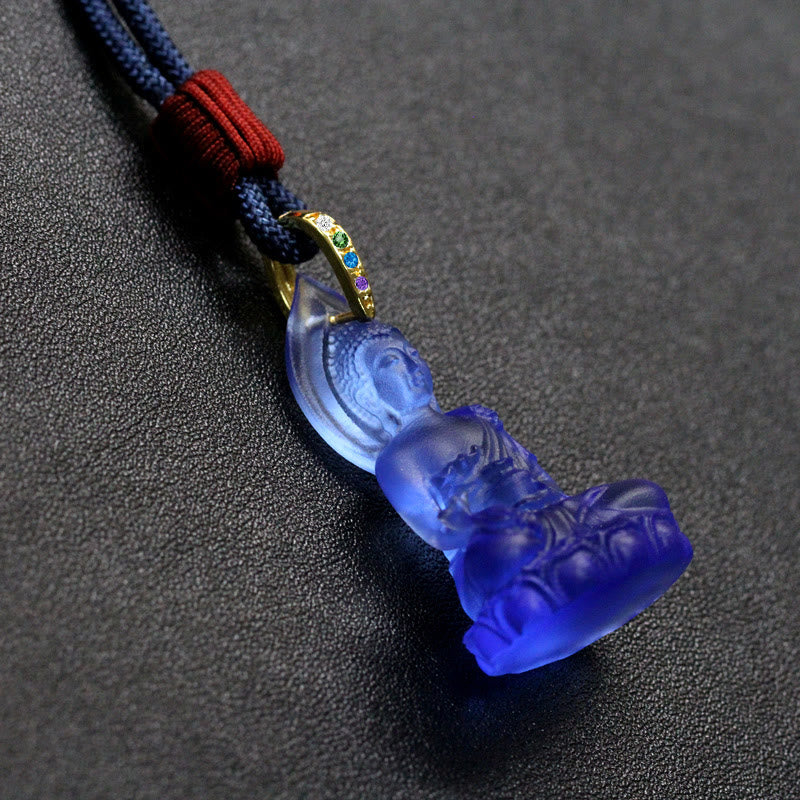 Collar con colgante de amuleto de serenidad de cristal Liuli con piedras de Buda Tathagata azul y Buda de la medicina 