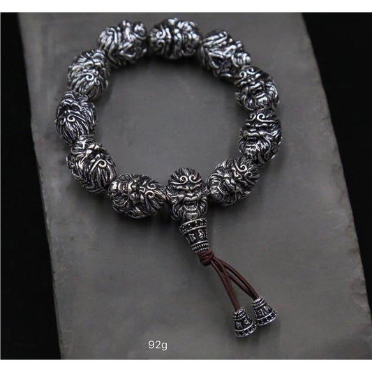 Vintage Men's Silver Bracelet Sun Wukong Fighting Buddha Beaded Bracelet - Touch Bling