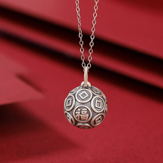 Collar con colgante de cadena de plata de ley 990 con piedras de Buda y símbolo Fu, moneda de cobre, para la suerte y la fortuna. 