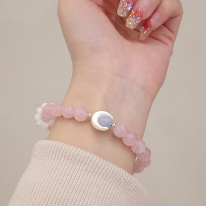 Pulsera de plata de ley 925 con amatista natural, aguamarina y cristal rosa, ojo de gato y luna creciente curativa. 