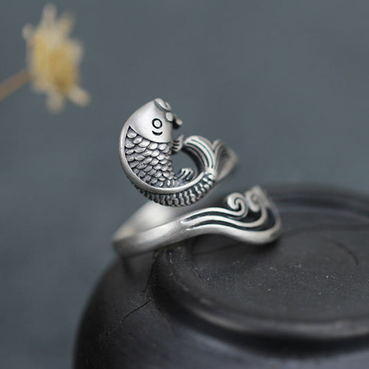Buddha Stones 925 Sterling Silber Koi Fisch Wasser Ripple Glück Reichtum Ring 