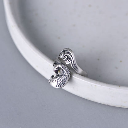 Anillo de plata de ley 925 con piedras de Buda y pez koi, con ondas de agua, para la suerte y la riqueza. 