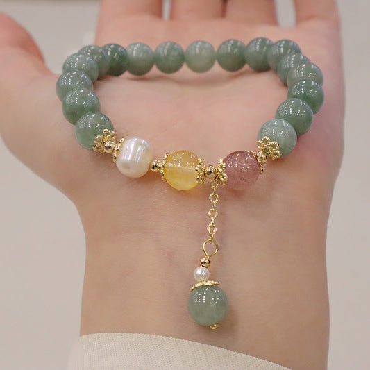 Pulsera de cuentas de Buda con jade, perla, cuarzo fresa y amuleto de la suerte