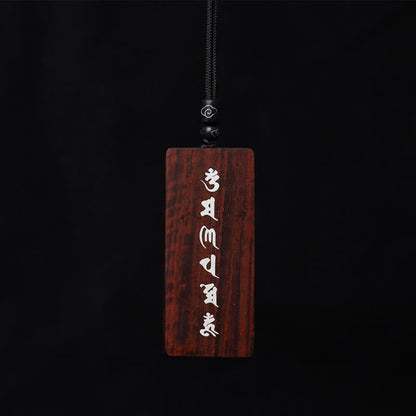Buddha Stones 999 Sterling Silver Small Leaf Red Sandalwood Ebony Wood Om Mani Padme Hum Inlaid Protection Necklace Pendant