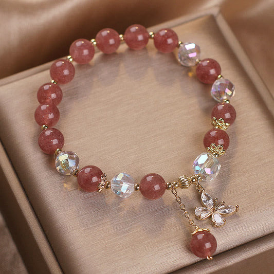 Buddha Stones Natürlicher Erdbeerquarz Liebe Heilung Schmetterling Charm Armband 
