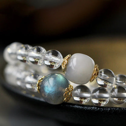 Buddha Stones 925 Sterling Silber Chinesisches Sternzeichen Natal Buddha Weißer Kristall Meditation Dreifach Wickelarmband