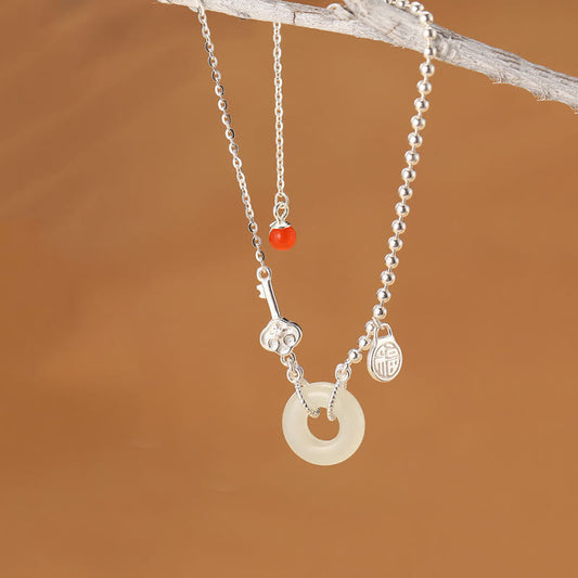 Buddha Stones 925 Sterling Silber Hetian Jade Peace Buckle Fu Charakter Glückskettenarmband