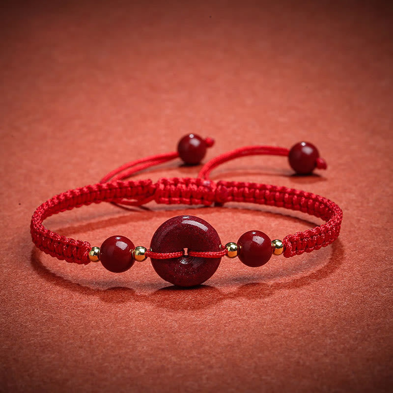 Buddha Stones Natürliches Zinnober-Armband mit Friedensschnalle und Segensschnur 