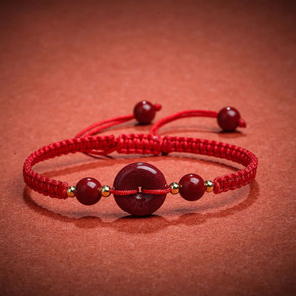 Buddha Stones Natürliches Zinnober-Armband mit Friedensschnalle und Segensschnur 