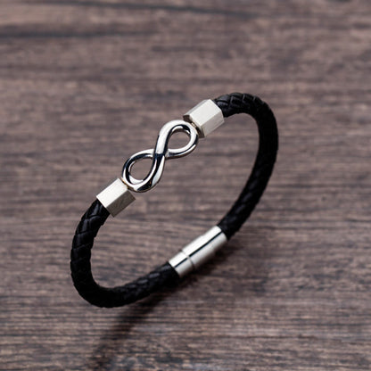 Pulsera de equilibrio con nudo infinito de piedras de Buda, acero de titanio y cuero trenzado.