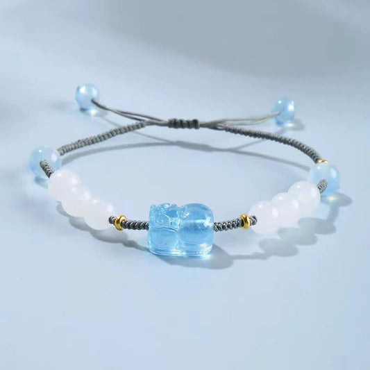 Pulsera curativa de jade blanco PiXiu Hetian con aguamarina natural y piedras de Buda