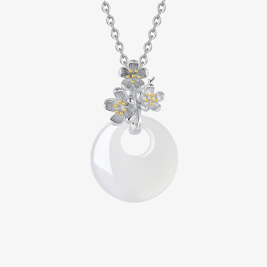 Collar con colgante de flor de armonía de doce meses de calcedonia redonda de plata de ley 925 con piedras de Buda 
