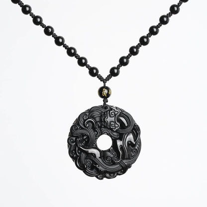 Collar con colgante de purificación Pixiu con hebilla de paz de obsidiana negra natural y piedras de Buda 