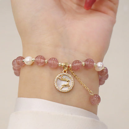 Buddha Stones Erdbeerquarz Perle Elch Smiley Gesicht Fischschwanz Fu Charakter Charm Heilung Armband 