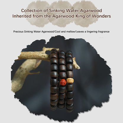 Buddha Stones Nha Trang Rare Bai Qinan Agarwood Cyan Jade Red Agate Laughing Buddha Tibetan Bone Strength Meditation Bracelet