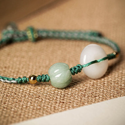 Pulsera trenzada con cuentas de calabaza y hebilla de paz de jade blanco y piedras de Buda para bendición de la suerte