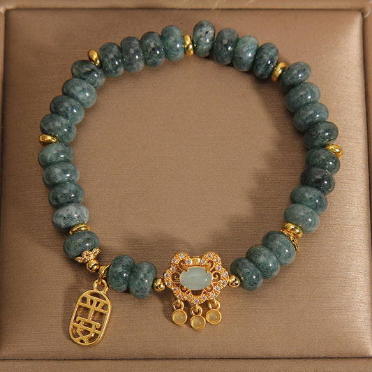 Pulsera de jade natural con piedras de Buda y candado chino, con amuleto de paz y abundancia.
