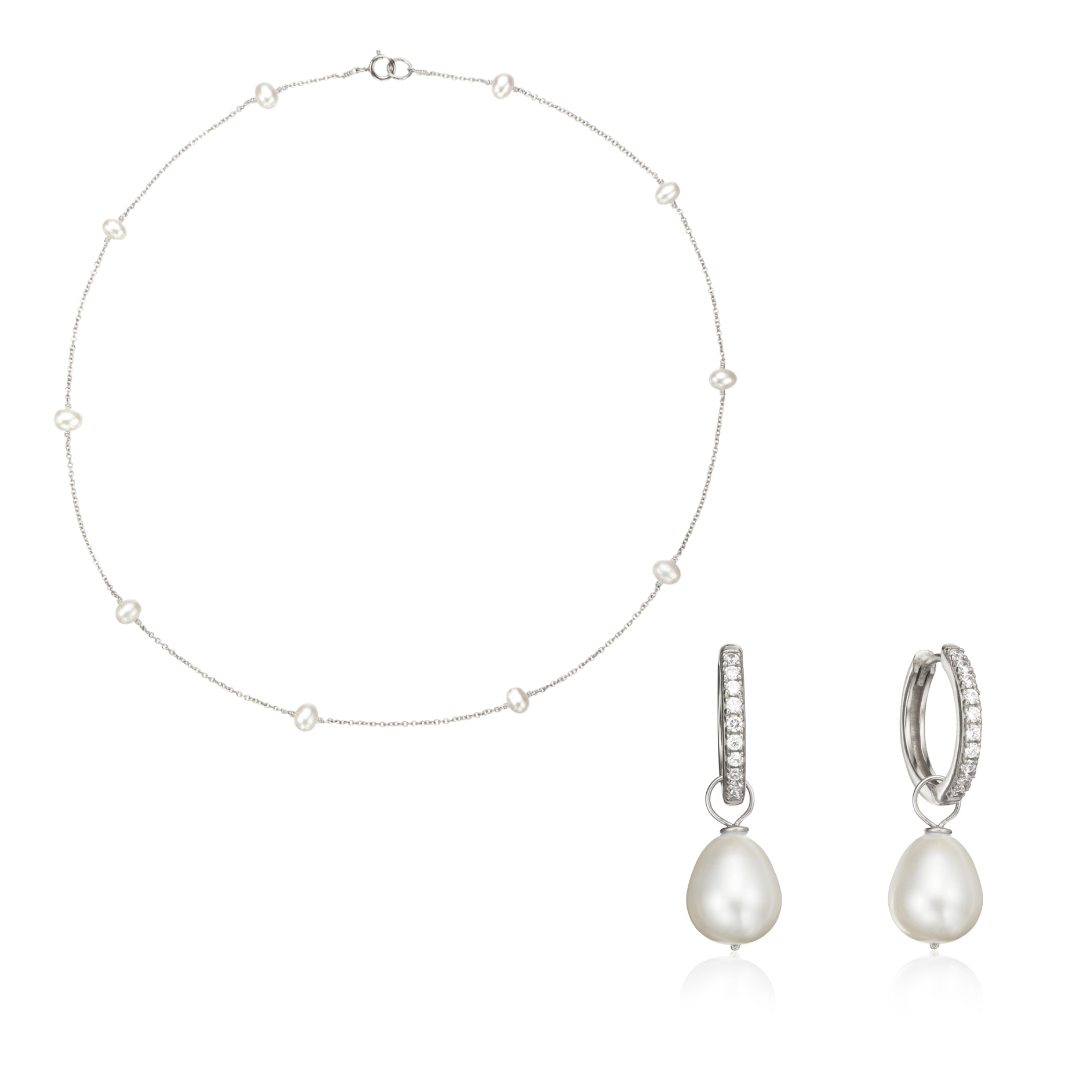 Conjunto de regalo de aros de perlas grandes estilo diamante de plata y gargantilla de diez perlas