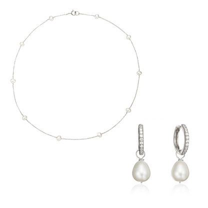 Conjunto de regalo de aros de perlas grandes estilo diamante de plata y gargantilla de diez perlas