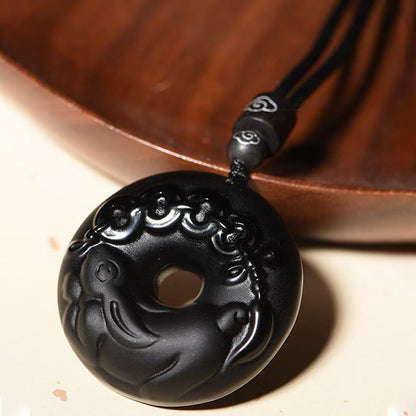 Collar con colgante de obsidiana negra natural con piedras de Buda y hebilla de fuerza del zodiaco chino