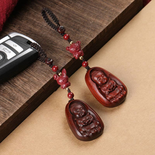 Llavero con amuleto de protección del zodíaco chino de cinabrio y sándalo rojo de hoja pequeña de Buda