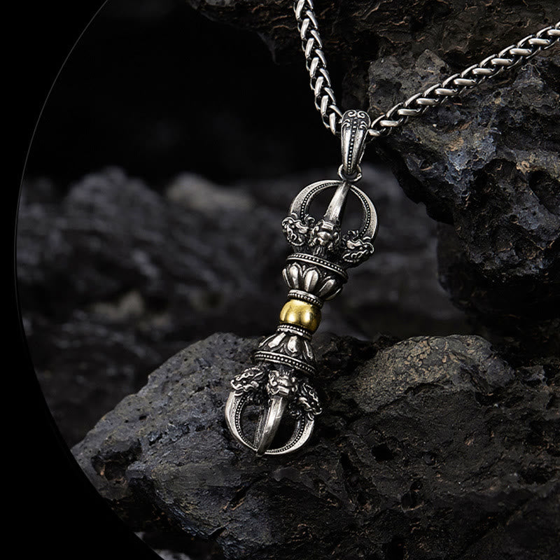 Collar con colgante de riqueza con diseño de Dorje Vajra tibetano y piedras de Buda 