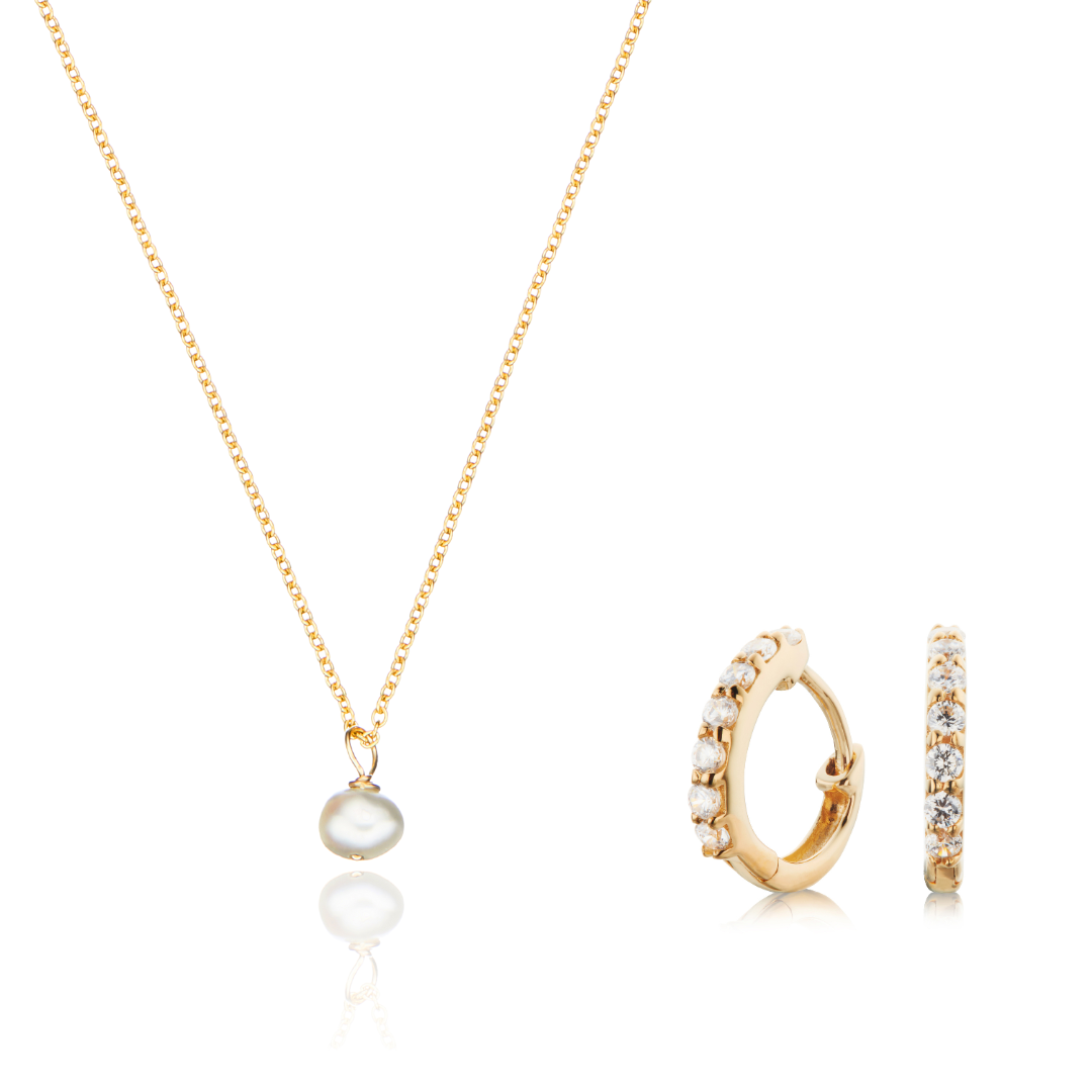 Conjunto de regalo de aretes Huggies dorados estilo diamante y collar de una perla