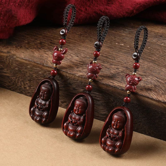 Llavero con amuleto de protección del zodíaco chino de cinabrio y sándalo rojo de hoja pequeña de Buda