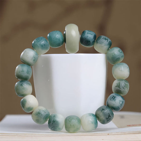 Armband mit Buddha-Steinen und Bodhi-Samen „Om Mani Padme Hum“ mit Gravur „Halte böse Geister fern“ 