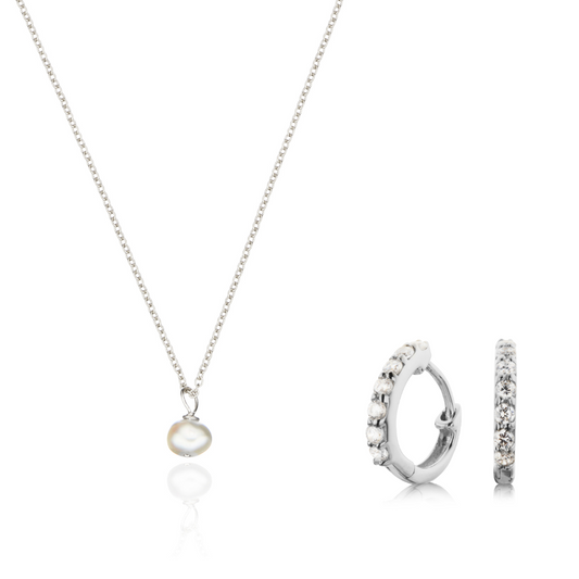 Geschenkset aus silberner Huggies-Halskette im Diamant-Stil und einer einzelnen Perle