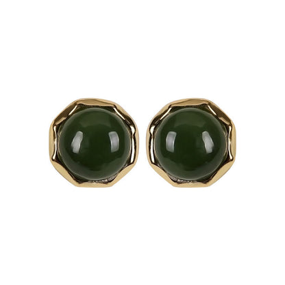 Buddha Stones 925 Sterling Silver Plated Gold Natural Hetian Cyan Jade Bead Luck Stud Earrings