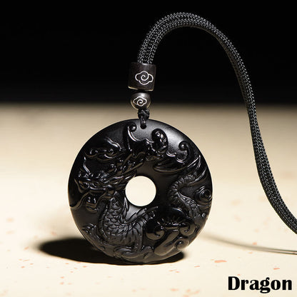 Collar con colgante de obsidiana negra natural con piedras de Buda y hebilla de fuerza del zodiaco chino
